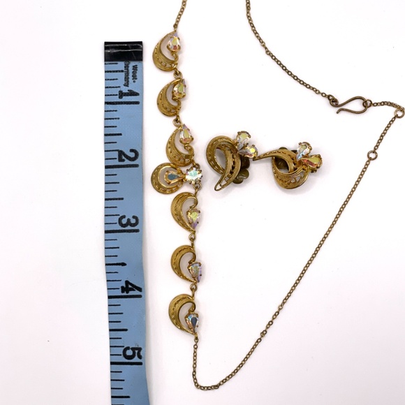 Vintage Germany Signed Gold Tone AB Rhinestone Necklace Clip-on Earring Set - Picture 6 of 13